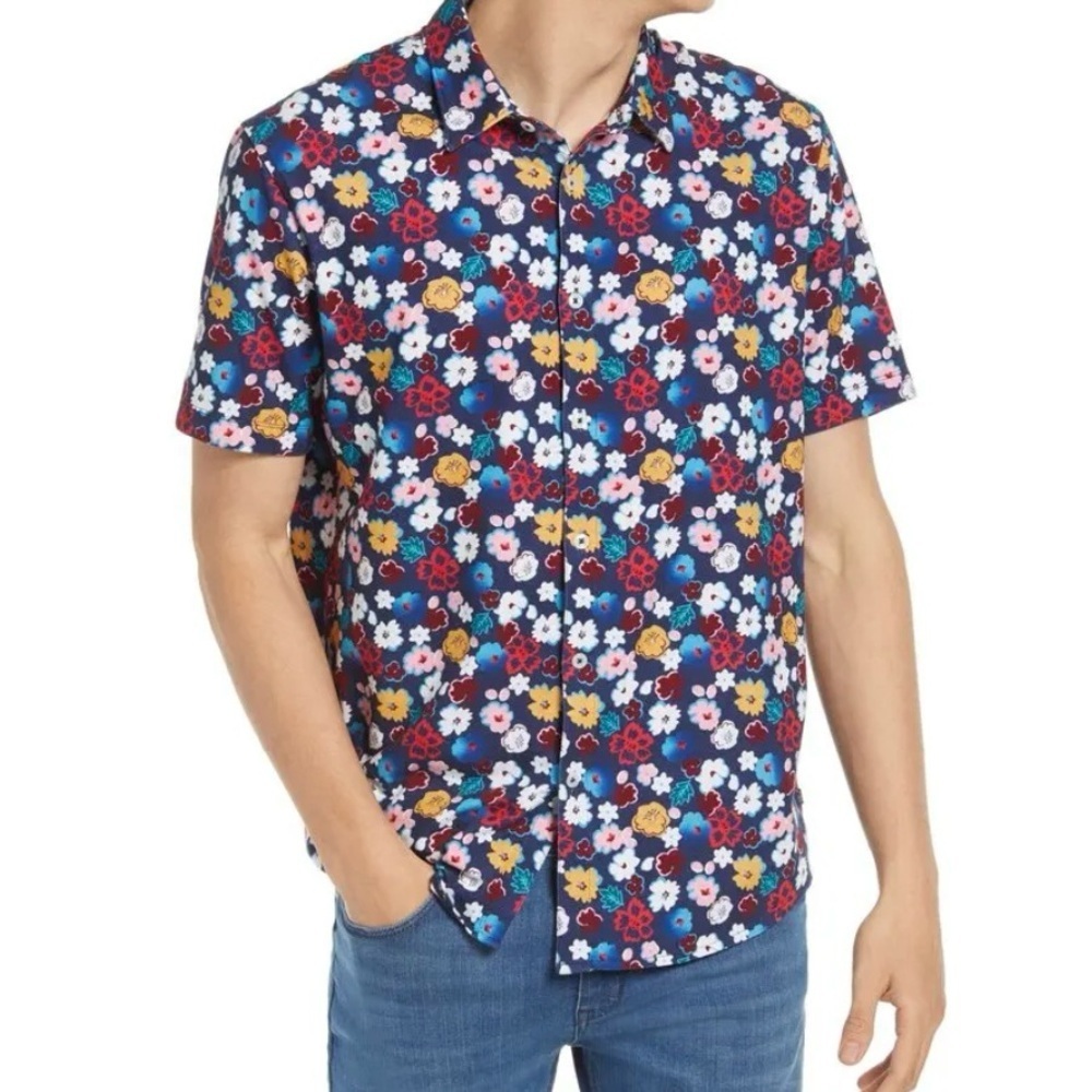 Good Man Brand Mens Slim Fit Floral print Short Sleeve Button Up Shirt Sz Medium